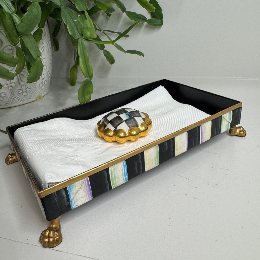 MacKenzie-Childs Courtly Check Napkin Weight and Striped Lion Paw Footed Tray